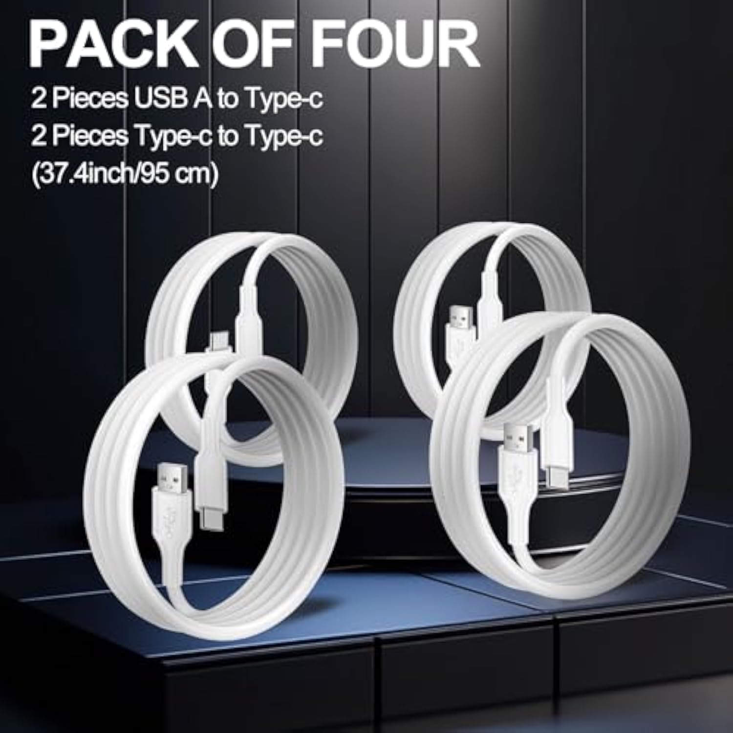 4-Pack 60W Fast Charging Cables USB & USB-C White 3.1ft