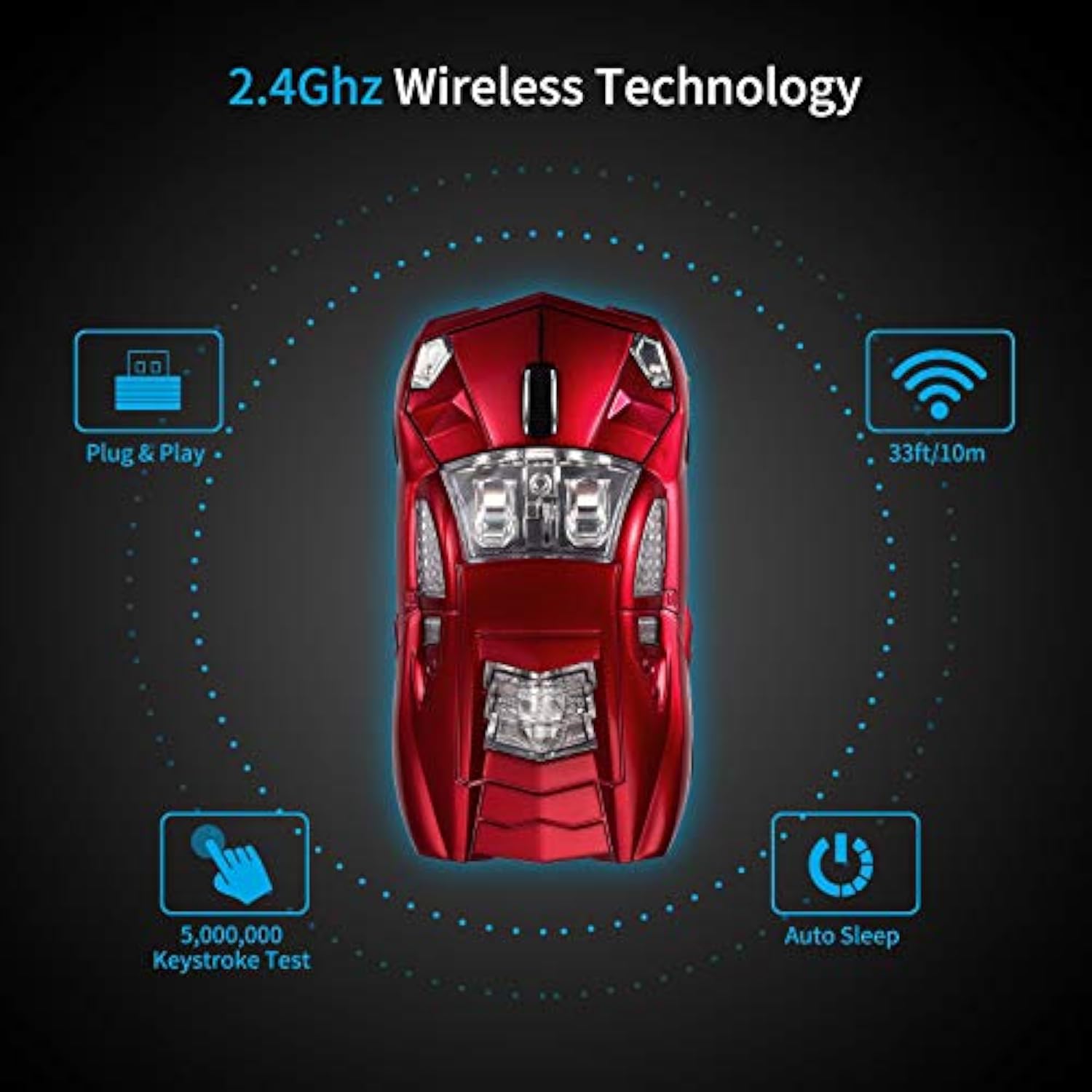 Sports Car Shaped Computer Mouse [Updated] With Led Headlights, 1600 Dpi Optical Sensor 2.4 Ghz Wireless Mouse For Pc & Mac, Red