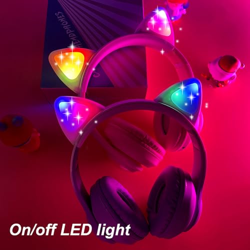 Kids Wireless Headphones LED Light up Cat Bluetooth Headphones, Color Changing Cat Ear Wireless Headsets with Microphone for
