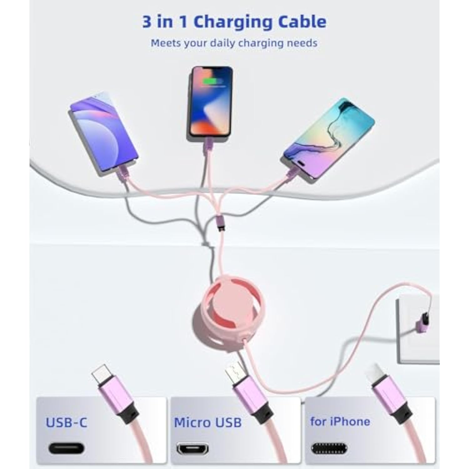 3 In 1 Retractable Charging Cable [3A,3Ft] Multi Usb Cable Fast Charger Cord For Phone, Samsung, Ipad, Tablets, Switch And More - Pink