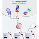 3 In 1 Retractable Charging Cable [3A,3Ft] Multi Usb Cable Fast Charger Cord For Phone, Samsung, Ipad, Tablets, Switch And More - Pink