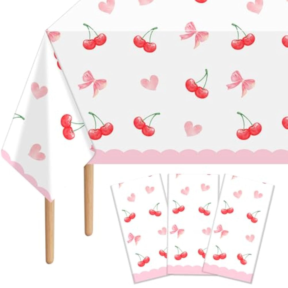 3Pcs Pink Bow Cherry Plastic Tablecloth, 54 X 108 Inch Waterproof Cherry Heart Party Table Cover, Coquette Cherry Birthday Decorations For Wedding, Baby Shower, Girls Birthday Party Supplies