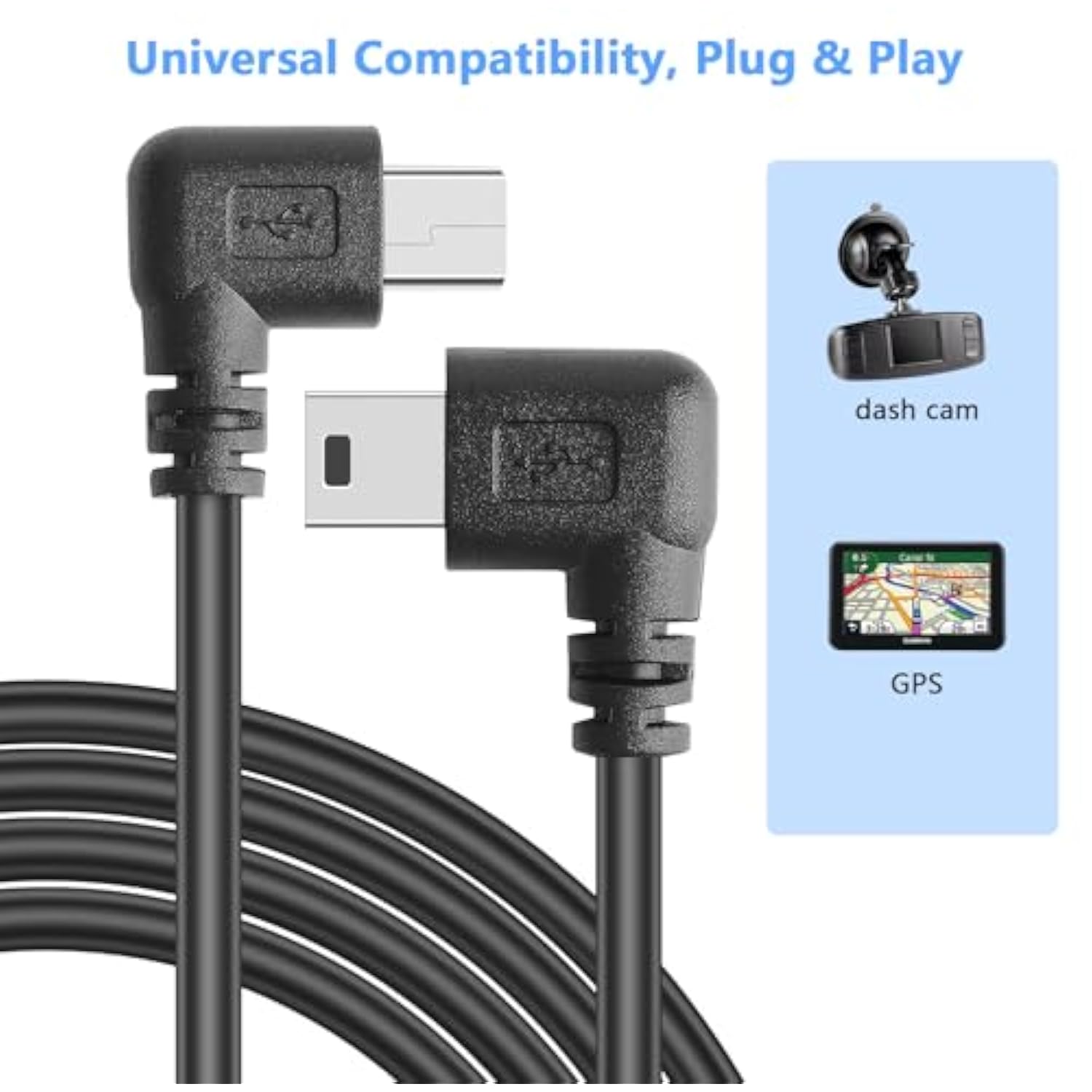11.5ft Mini USB 90° Right Angle Power Cable USB 2.0 A to Mini-B for Dash Cam