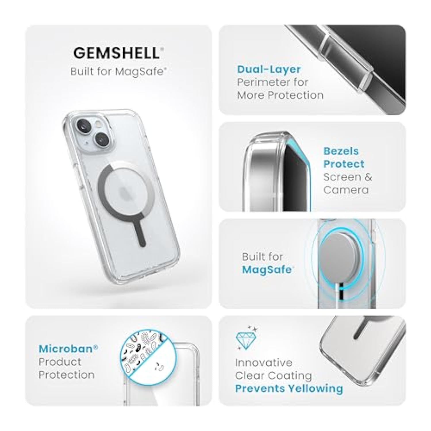 Speck Clear iPhone 15 Case - Slim, Built for MagSafe, Drop Protection - for iPhone 15, iPhone 14 & iPhone 13 - Scratch Resistant, Anti-Yellowing, 6.1 Inch Phone Case - GemShell Clear/Chrome