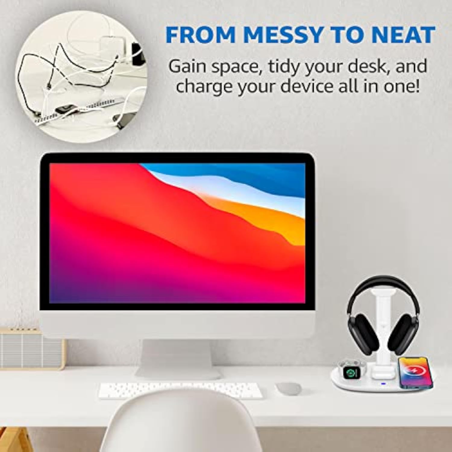 Headphone Stand With 4 In 1 Wireless Charger -Headset Holder & Station Dock For Apple Watch, Airpods Max/Pro/2/ Iphone 13/12/11, Lg, Samsung Galaxy, Huawei Phone, And All Headphones Size (White)