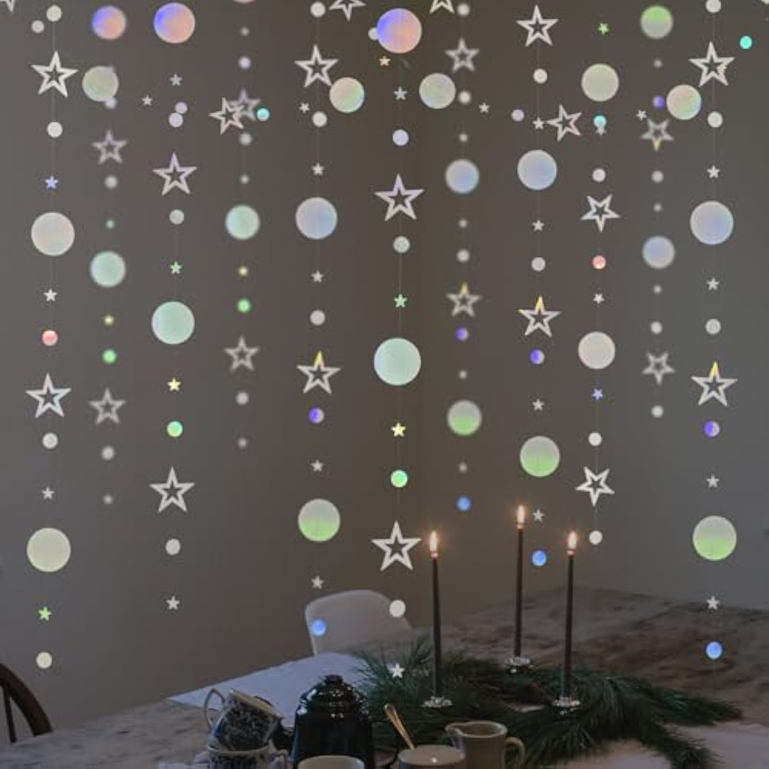 Iridescent Birthday Party Decorations Holographic Sliver Twinkle Star Circle Dot Garland Kit Hanging Bunting Streamers 4 Pack Backdrop Decor Supplies Wedding Baby Shower Christmas Ramadan Eid