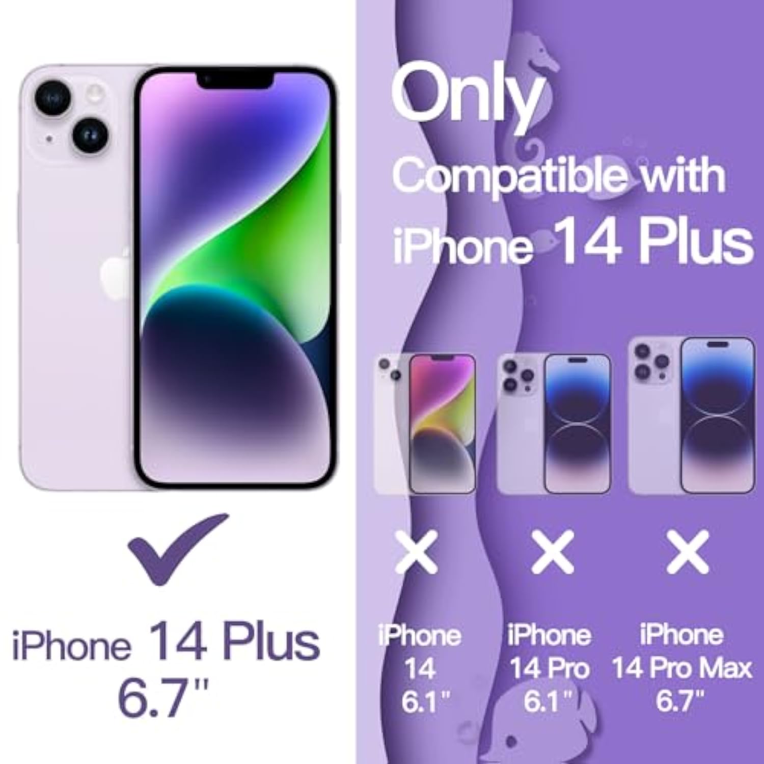 JETech Cute Case for iPhone 14 Plus 6.7-Inch, Wave Frame Curly Shape Shockproof Phone Cover for Women and Girls, Clear Hard PC Back (Purple)