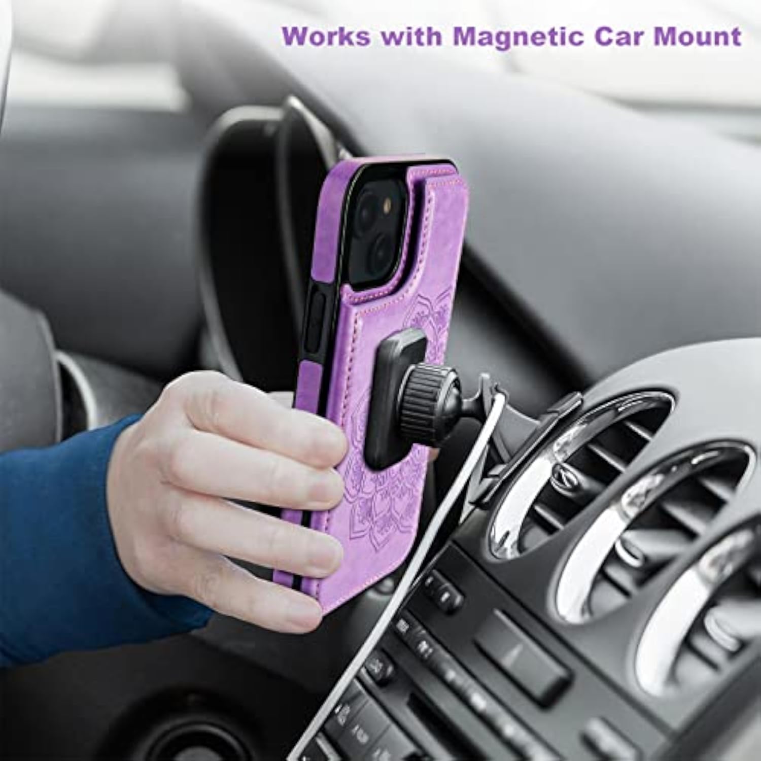 Mandala Pattern PU Leather Wallet Case for iPhone 14 with Card Holder and Double Buttons, Compatible with Magnetic Car Mount, 6.1 Inch, Purple