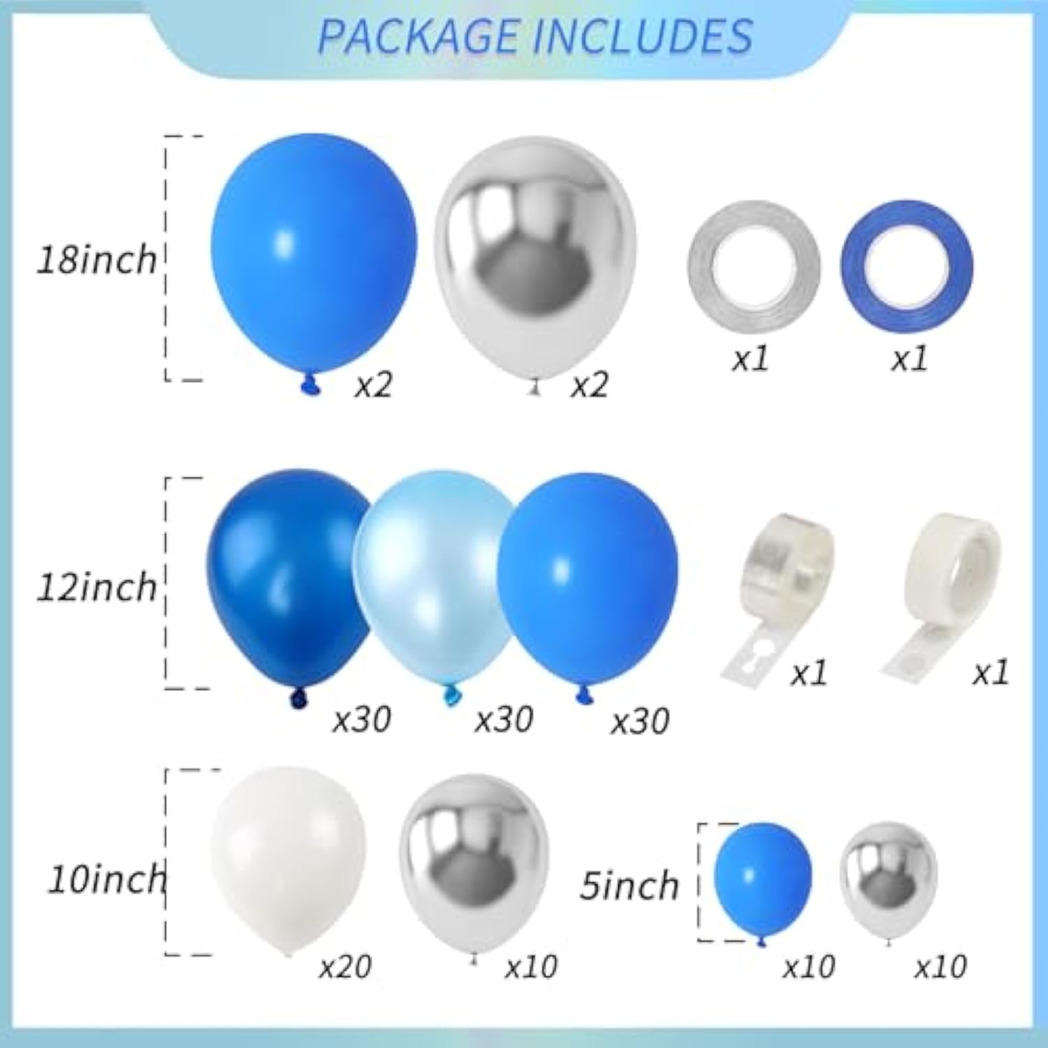 Blue Balloon Garland Kit – 144pcs Blue, White & Silver Balloons for Party Decorations