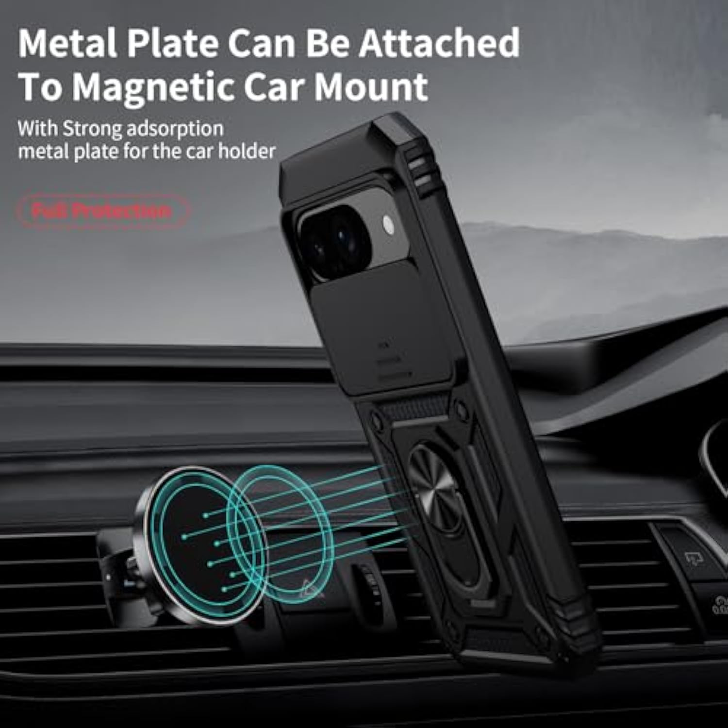 For Google Pixel 9 Case, Pixel 9 Pro Case, Slide Lens Cover, Hd Screen Protector, Grade Drop Protection, Magnetic Rotated Ring Holder Kickstand Protective Phone Case (Black)