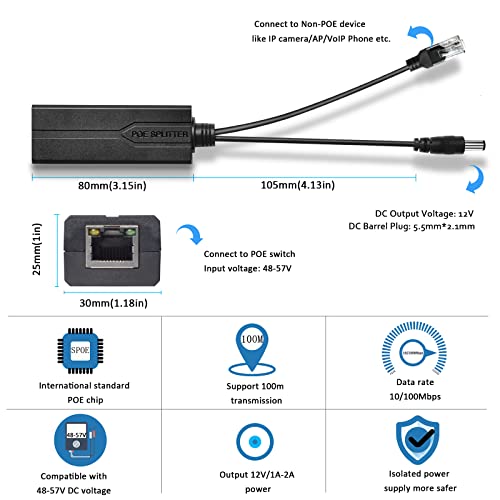 Active Poe Power Over Ethernet Splitter Adapter 48V To 12V, 5.5X2.1Mm Dc, Ieee 802.3Af/At Compliant 10/100Mbps Poe Splitter With 12V Output For Surveillance Camera Cctv & Voip Phone, 2 Pack