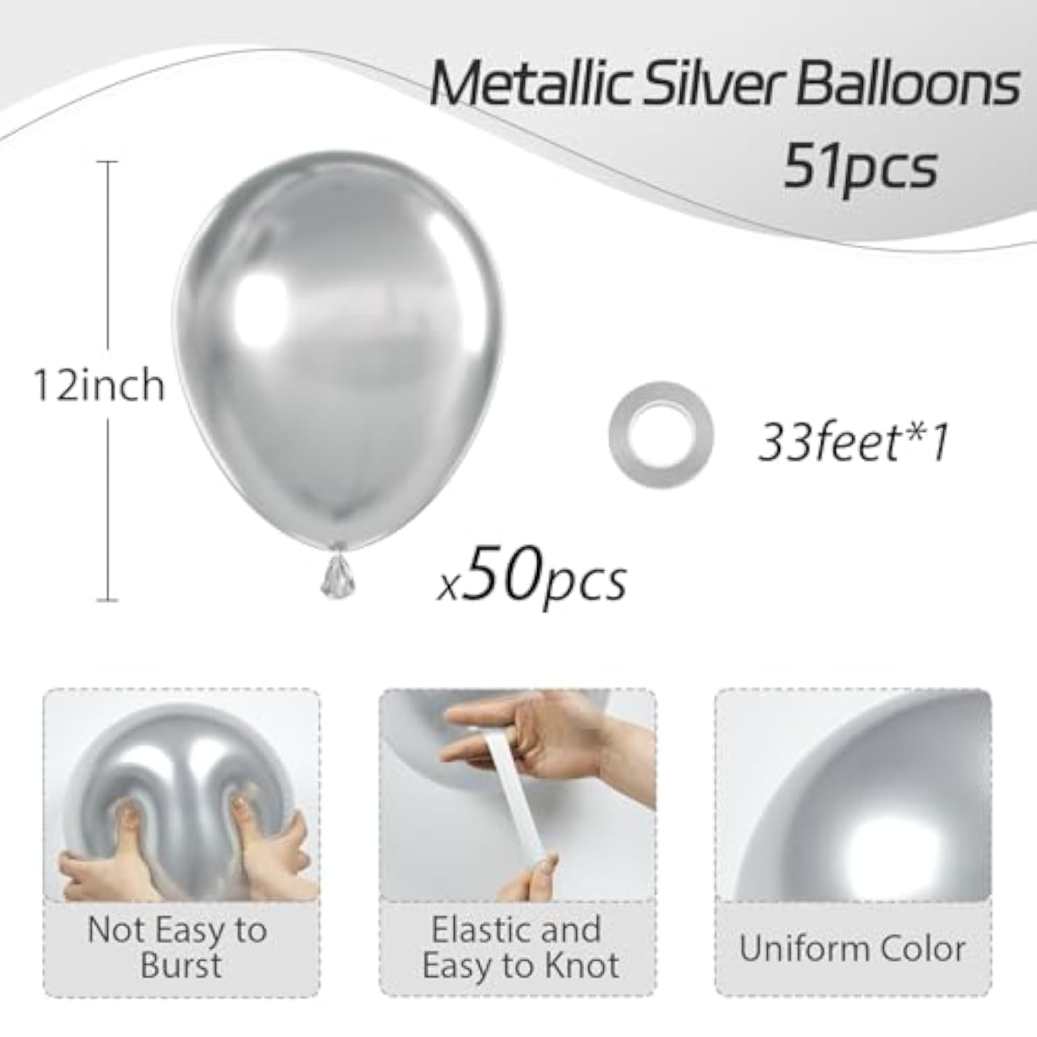 Metallic Silver Balloons 12 Inch, Chrome Silver Latex Balloons 50Pcs Party Balloons For Graduation Wedding Baby Shower Disco Birthday Party Decorations