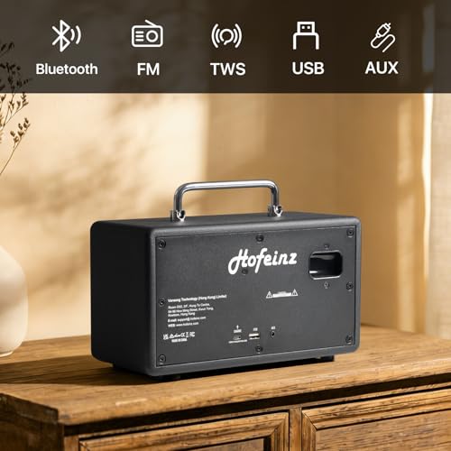 Bluetooth Retro Speaker with TWS Stereo Pairing, Bass & Treble Knobs, BT 5.4/AUX/USB/FM, QC3.0 Fast Charge, Hi-Fi Sound, 10W×2 Speakers for Home
