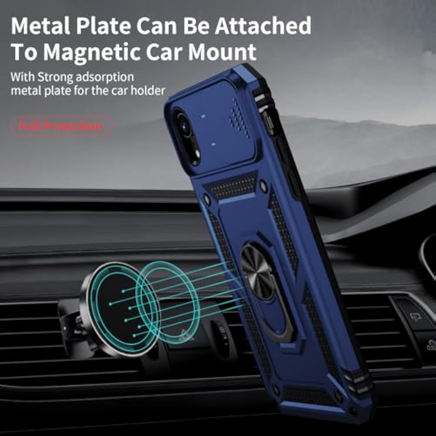 For Iphone Xr Case With Camera Lens Cover, Hd Screen Protector, 10 Ft Military Grade Drop Protection, Magnetic Ring Holder Kickstand Protective Phone Case, Navy Blue