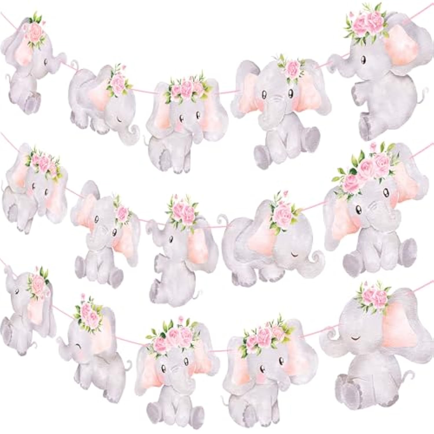 Elephant Party Banner 3Pcs Pink Baby Shower Decoration For Girl Floral Birthday Party Decoration Animals Themed Party Supplies