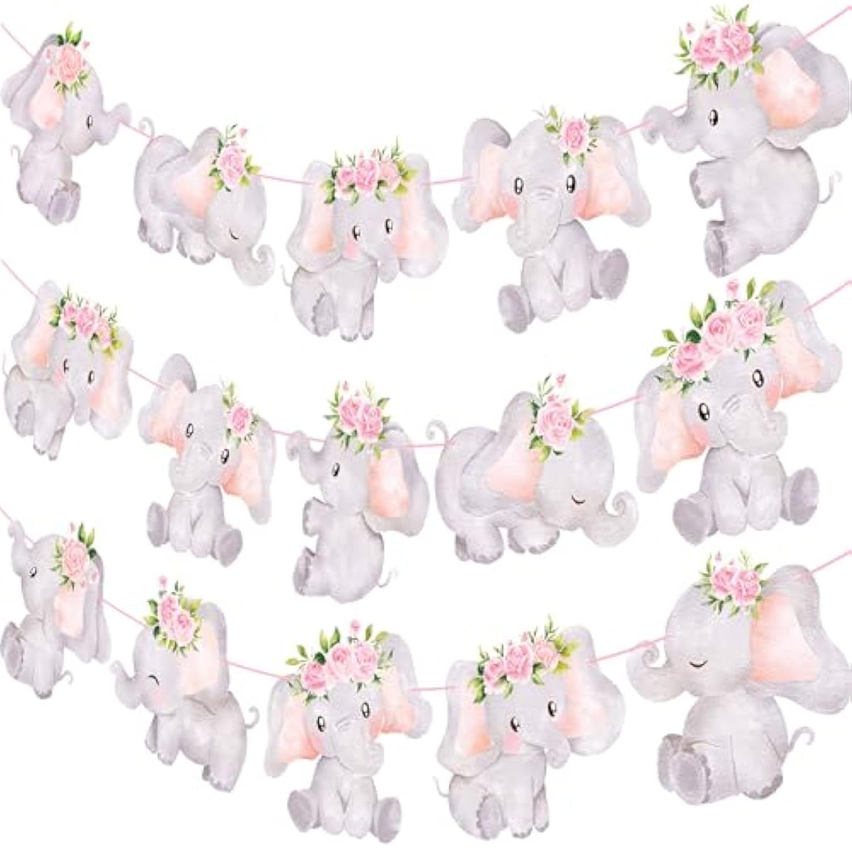 Elephant Party Banner 3Pcs Pink Baby Shower Decoration For Girl Floral Birthday Party Decoration Animals Themed Party Supplies