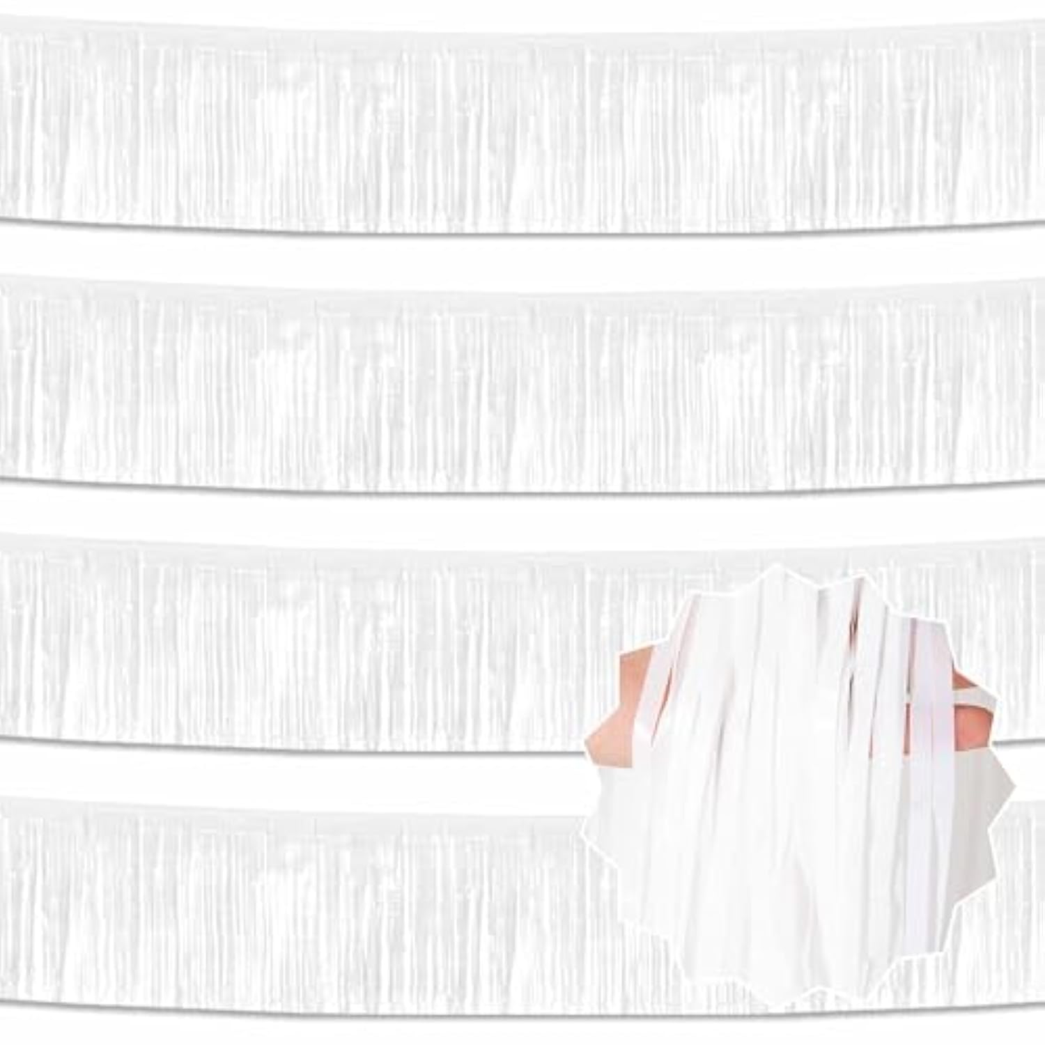 4 Pack 10 Ft Macaron White Foil Fringe Garland Metallic Streamers Tinsel Banner Wall Hanging Garland Backdrop For Parade Floats, Halloween, Christmas, Thanksgiving, New Year Party Decorations