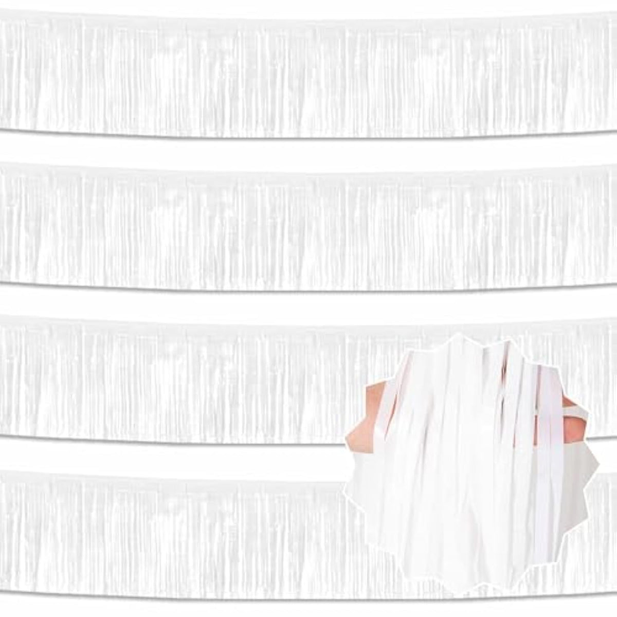 4 Pack 10 Ft Macaron White Foil Fringe Garland Metallic Streamers Tinsel Banner Wall Hanging Garland Backdrop For Parade Floats, Halloween, Christmas, Thanksgiving, New Year Party Decorations