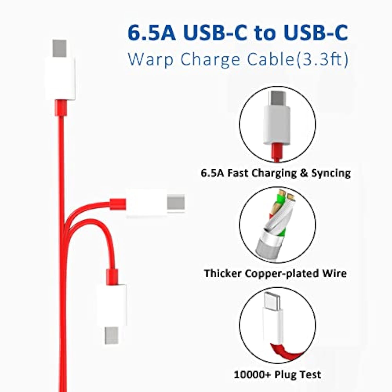 For Oneplus Warp Charger, 65W Block Replacement For Oneplusnord 2 5G/9 Pro/9Rt/9/9R/8T/Realme,10V 6.5 A Warp65 Oneplus Fast Wall Charger Adapter With 3.3 Ft Usb C Warp Cable
