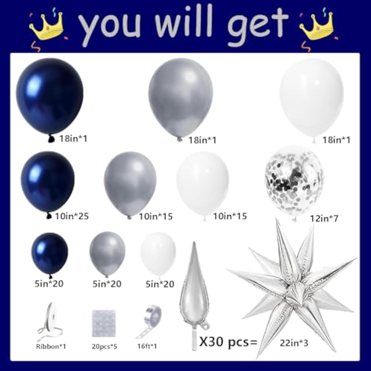 Navy Blue Balloon Arch Kit with Silver Stars: Graduation Decor