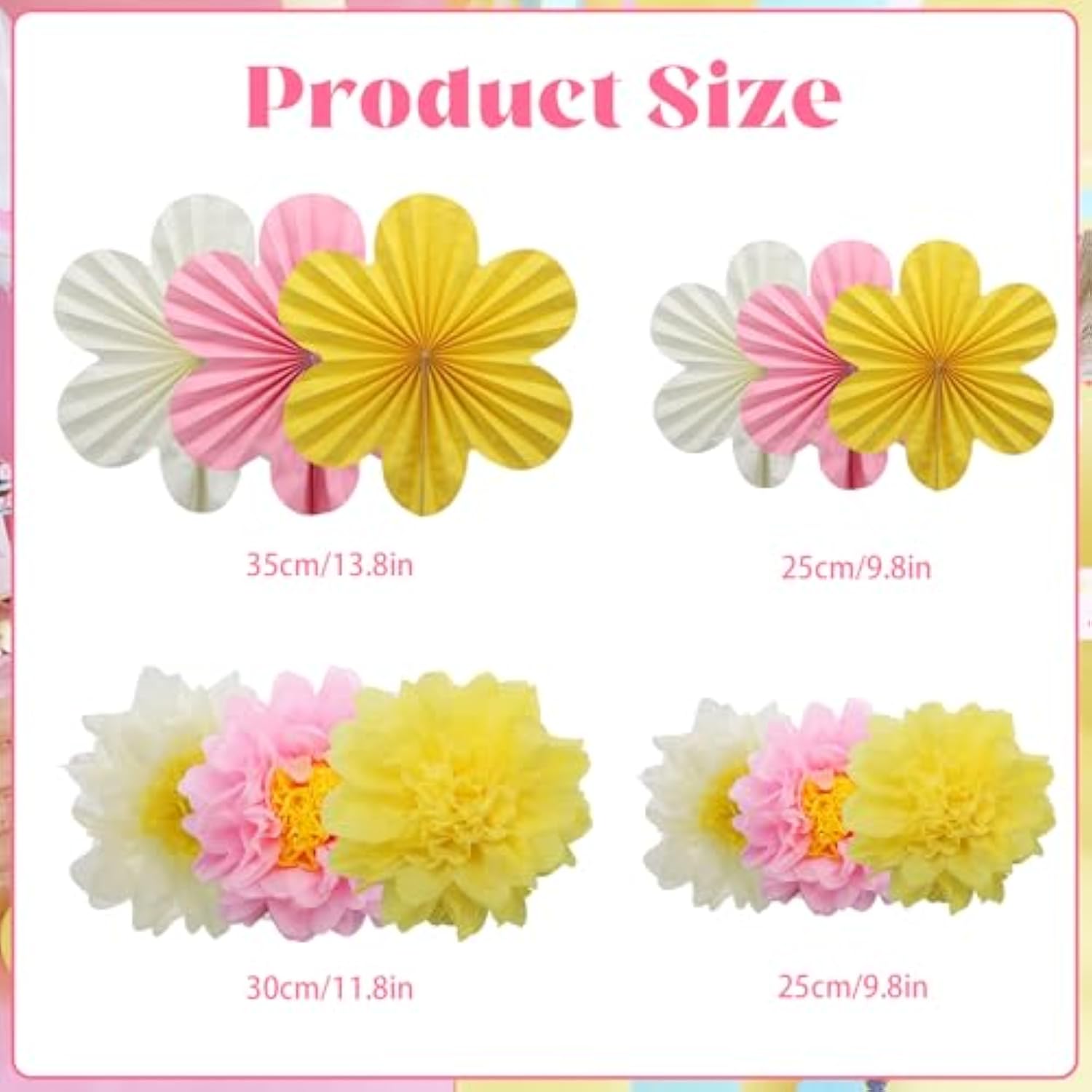 12Pcs Paper Flowers Fans Pink Yellow Party Decorations Tissue Paper Flowers Decorations For Girl Groovy Birthday Baby Shower Wedding Bachelorette Room Wall Hanging Décor
