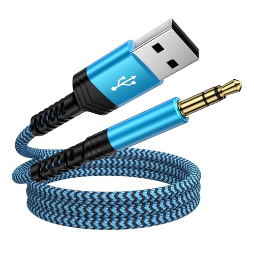 USB A to 3.5mm Audio Aux Cable,Braided 3FT USB Male to AUX Male Jack Adapter TRS Stereo Audio Cord for Speaker Headphones PC Laptop Windows Computer