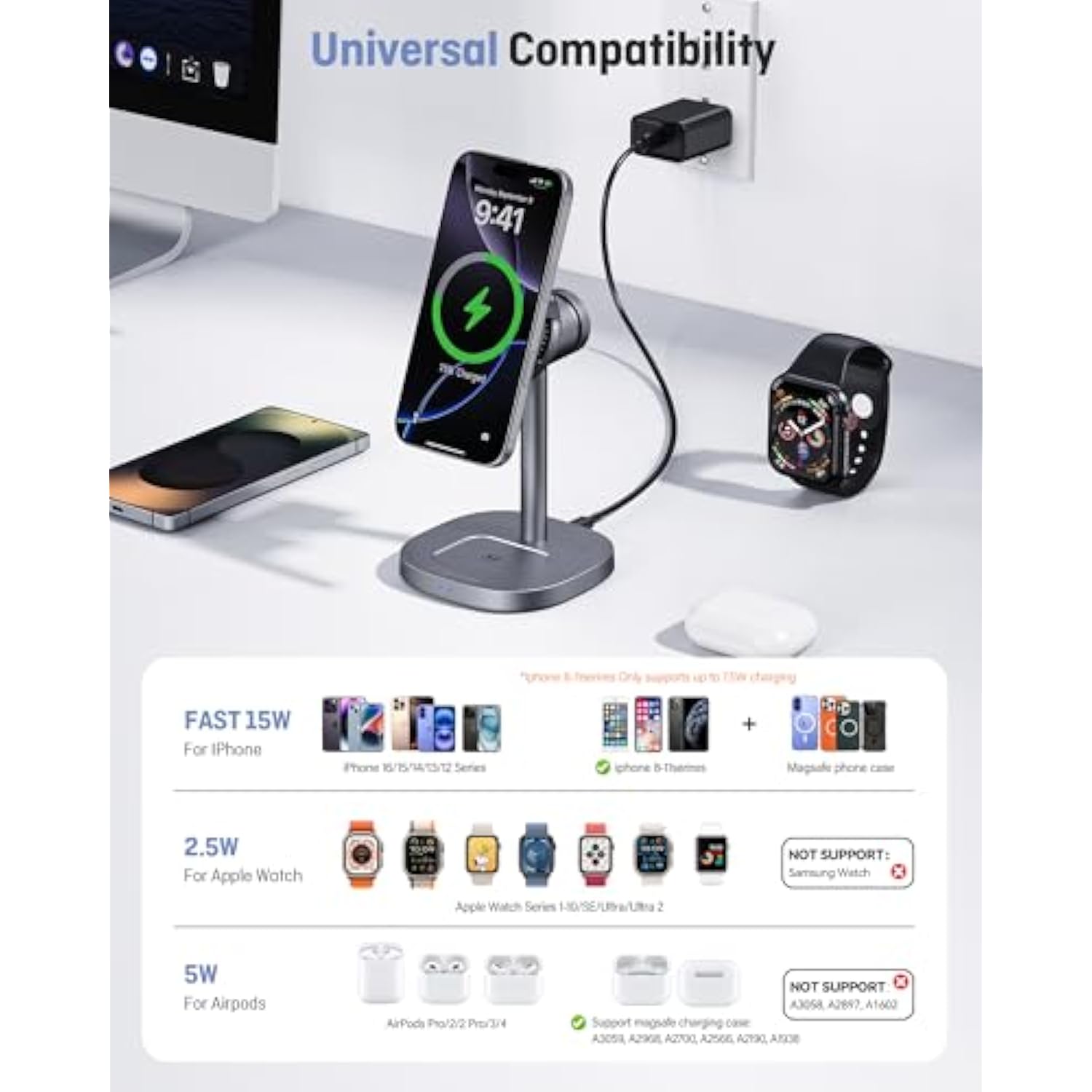 2025 New Magnetic Wireless Charger Stand With Active Cooling Fan, 15W Qi2 Fast 3 In 1 Charging Station For Apple Charger Stand, Wireless Charger For Iphone16/15/14/13/12 Series, Apple Watch, Airpods