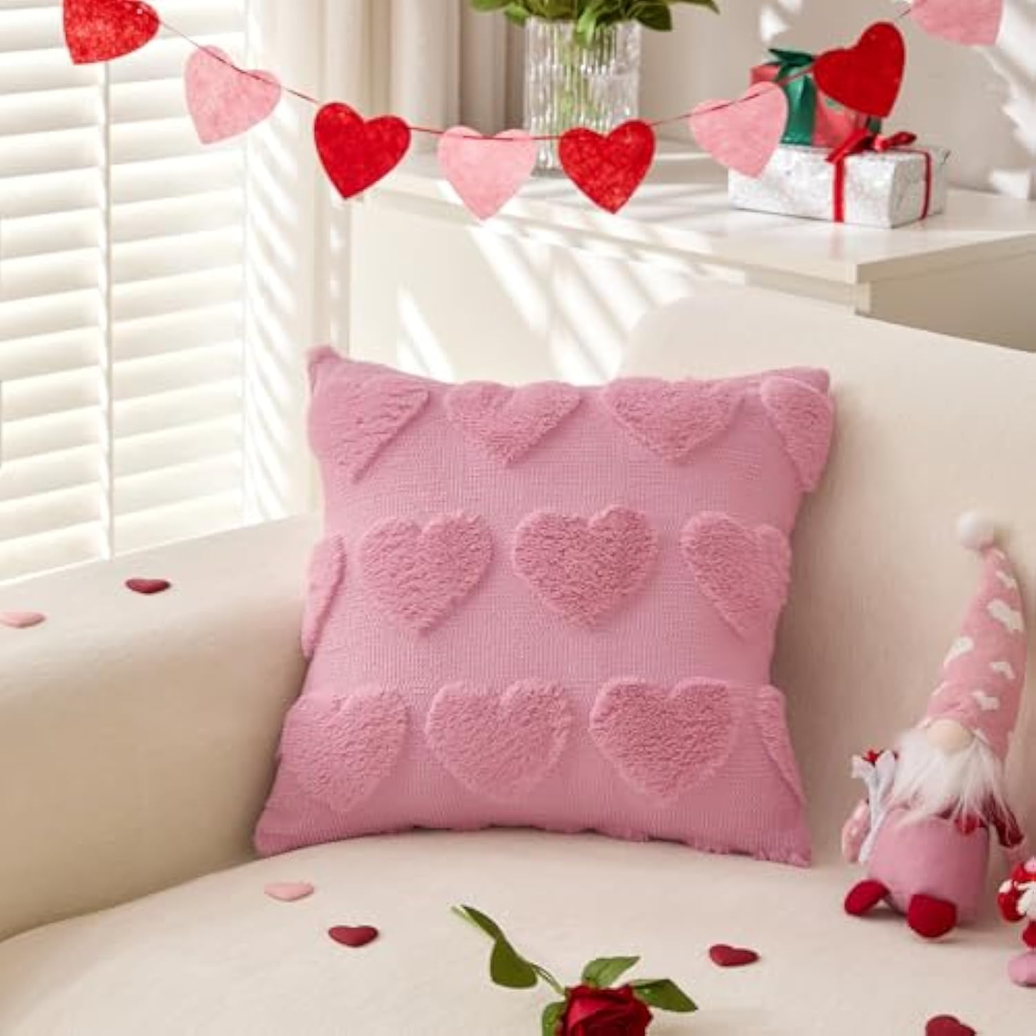 Valentines Day Throw Pillow Covers 18X18 Inch Set Of 2 For Valentines Day Decorations Pink Soft Plush Faux Fur Wool Love Heart Pillow Covers For Sofa Living Room Couch Bed