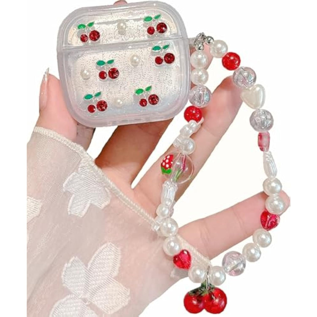 3D Cherry Case With Keychain For Airpods 4,Clear Diamonds Aesthetic Shockproof Cover With Cute Pearl Strap Keychain For Women Girls Protective Cover