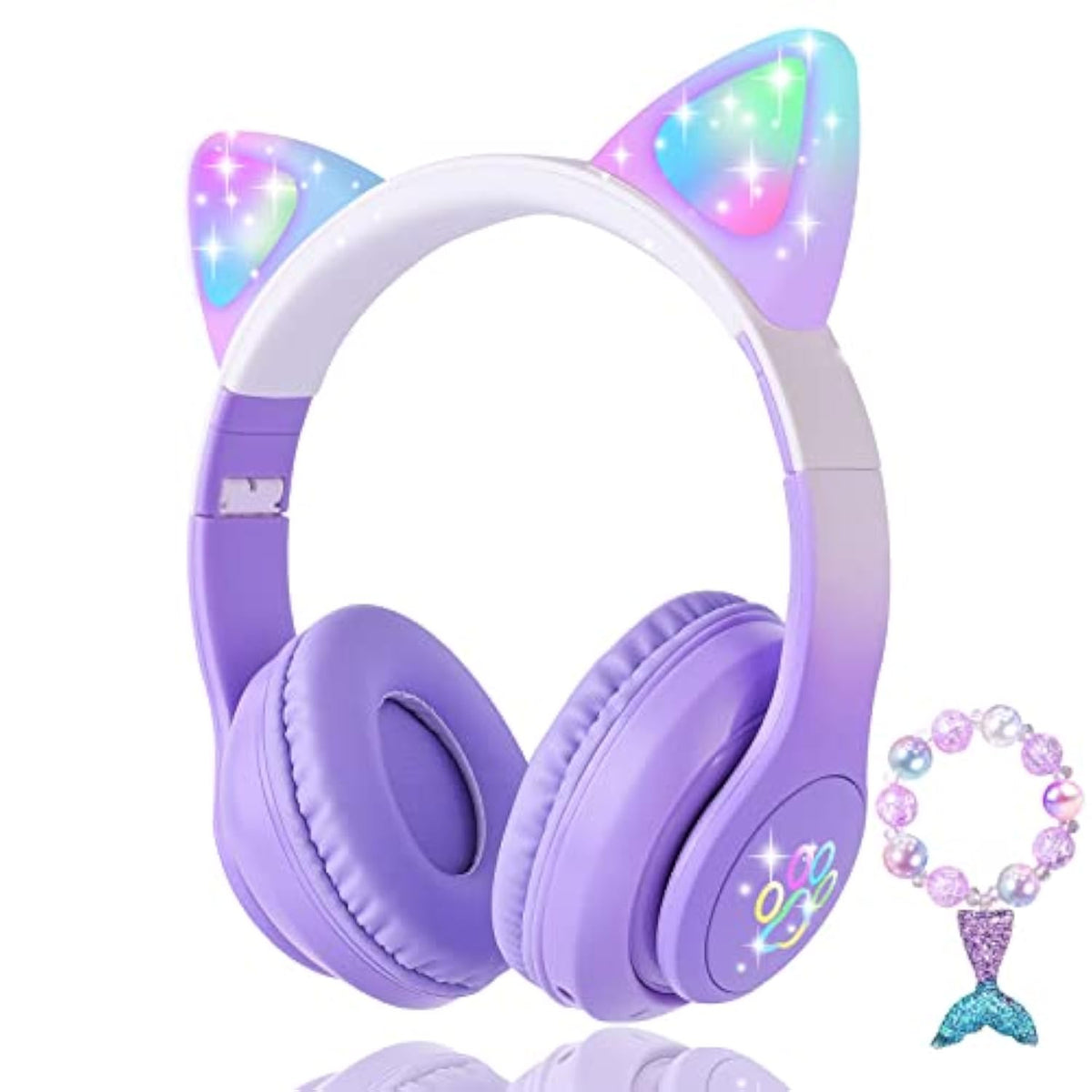 Cat Ear Kids Headphones Bluetooth, Led Light Up Wireless/Wired Mode Over Ear H