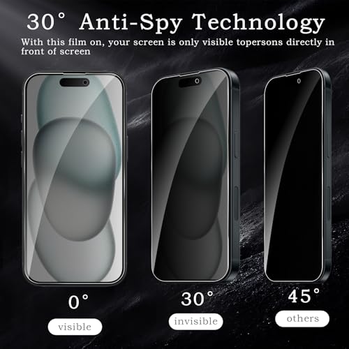 [2+2 Pack] Privacy Screen Protector for iPhone 15, Anti-Spy Shatterproof Tempered Glass with Camera Lens Tempered Glass 9H Hardness Bubble Free