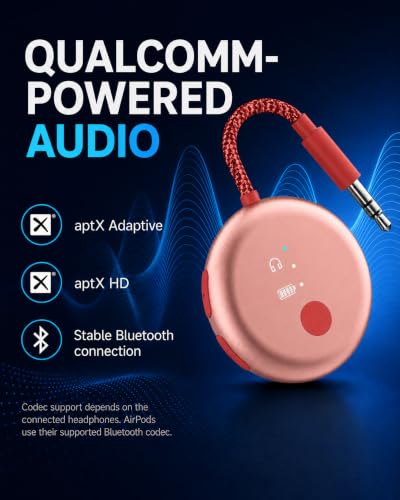 SoundJet R1 25Hr Airplane Bluetooth Adapter for All AirPods (Pro/Max) with Qualcomm Chipset & aptX Adaptive, Wireless Audio Transmitter for Flight