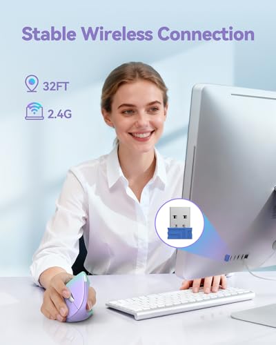 2.4G Ergonomic Mouse Vertical Wireless - 4800 Dpi Optical Carpal Tunnel Mice Right Hand, 4800 Dpi Adjustable, Quiet Clicks, 6 Buttons For Laptop, Desktop, Pc, Computer - Green Purple