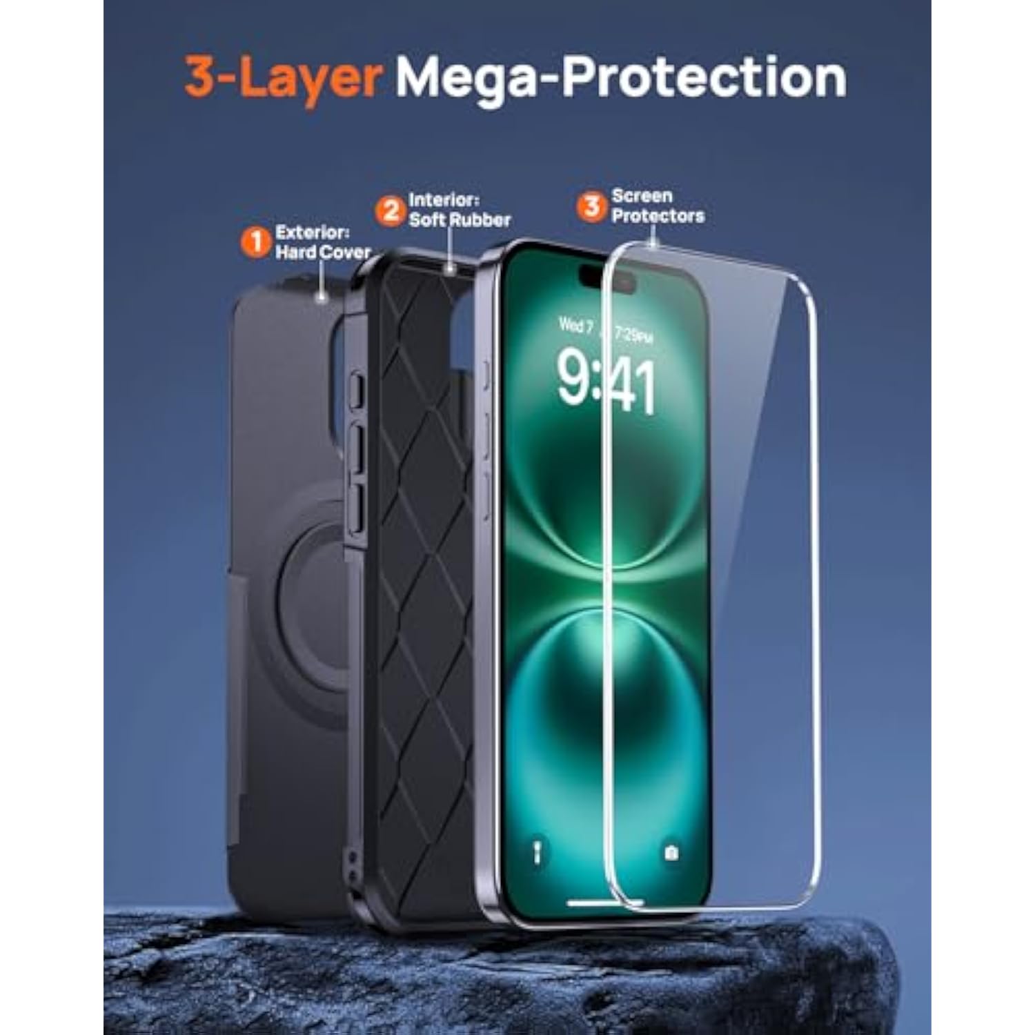 Magnetic For Iphone 16 Pro Case, [2 Pack Tempered Glass Screen Protector][Compatible With Magsafe][Military Grade Shockproof] Heavy Duty Tough Rugged Cover For Iphone 16 Pro (6.3") - Black