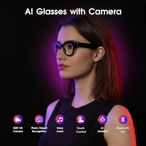AI Smart Glasses with Camera 4K, 8MP HD Video Recording Glasses, AI Assistant, Hands-Free Wearable Tech Bluetooth Speakers, Real-Time Translation &