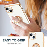 For Iphone 14 Case With Ring Stand [360° Rotatable Ring Holder Magnetic Kickstand] [Support Car Mount] Plated Gold Edge Slim Soft Tpu Luxury Shockproof Protective Phone Case Cover, White
