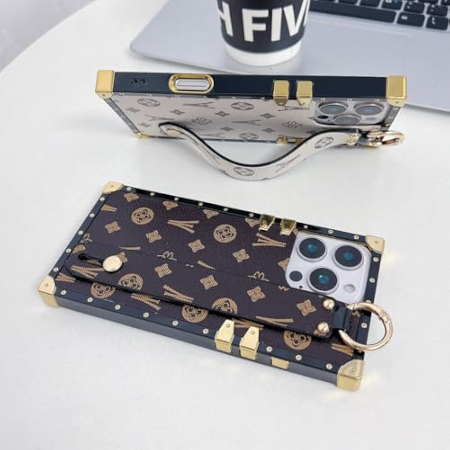 Compatible With Iphone 16 Pro Max Case Luxury Designer For Women Girls,Rectangle Leather With Wristband Strap Kickstand Holder Protective Cover For 16 Pro Max - 6.9 Inch(Brown)