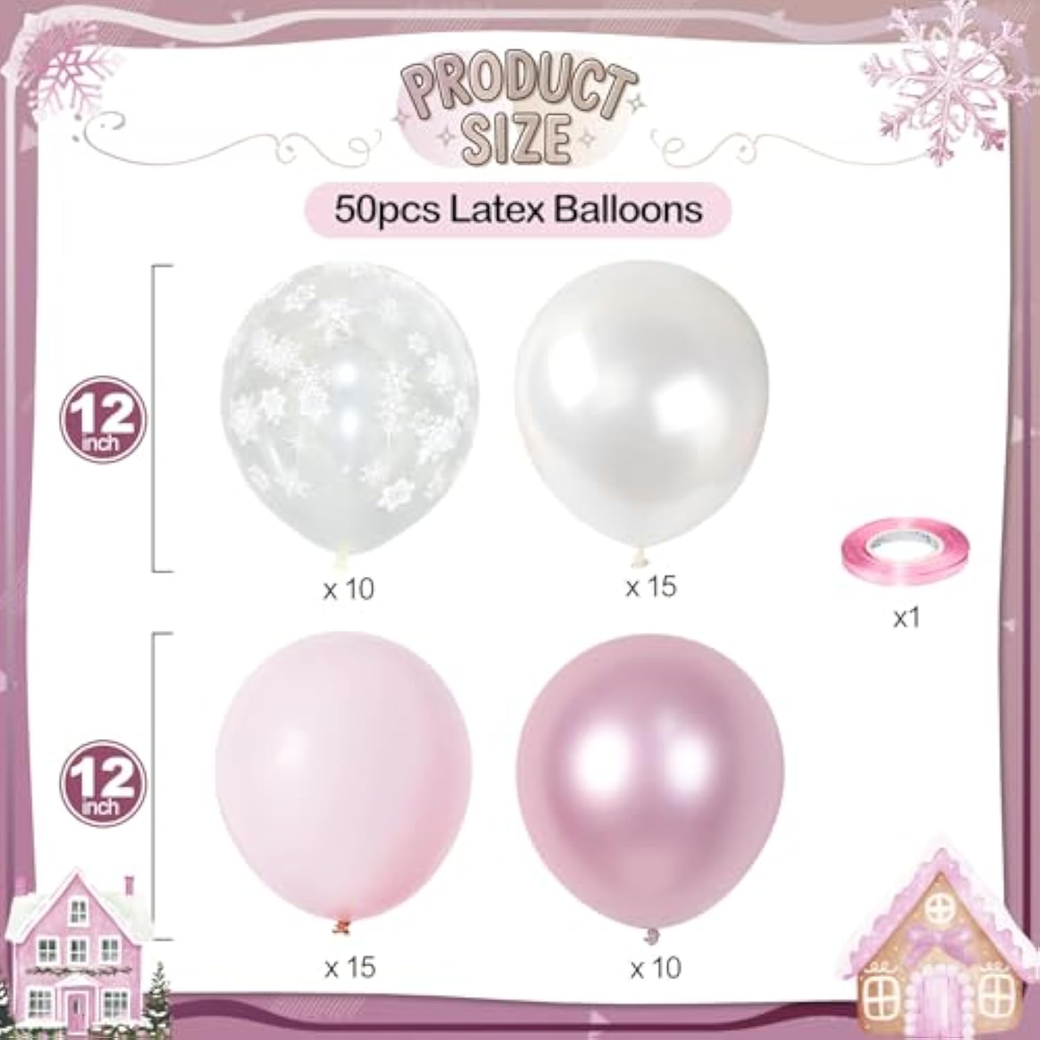Pink Winter Wonderland Balloons, 50 Pcs 12 Inch Pearl White Balloons Pastel Metallic Pink Balloon For Girls Womem Winter Christmas Wonderland Birthday Baby Shower Ice Snow Princess Party Decorations