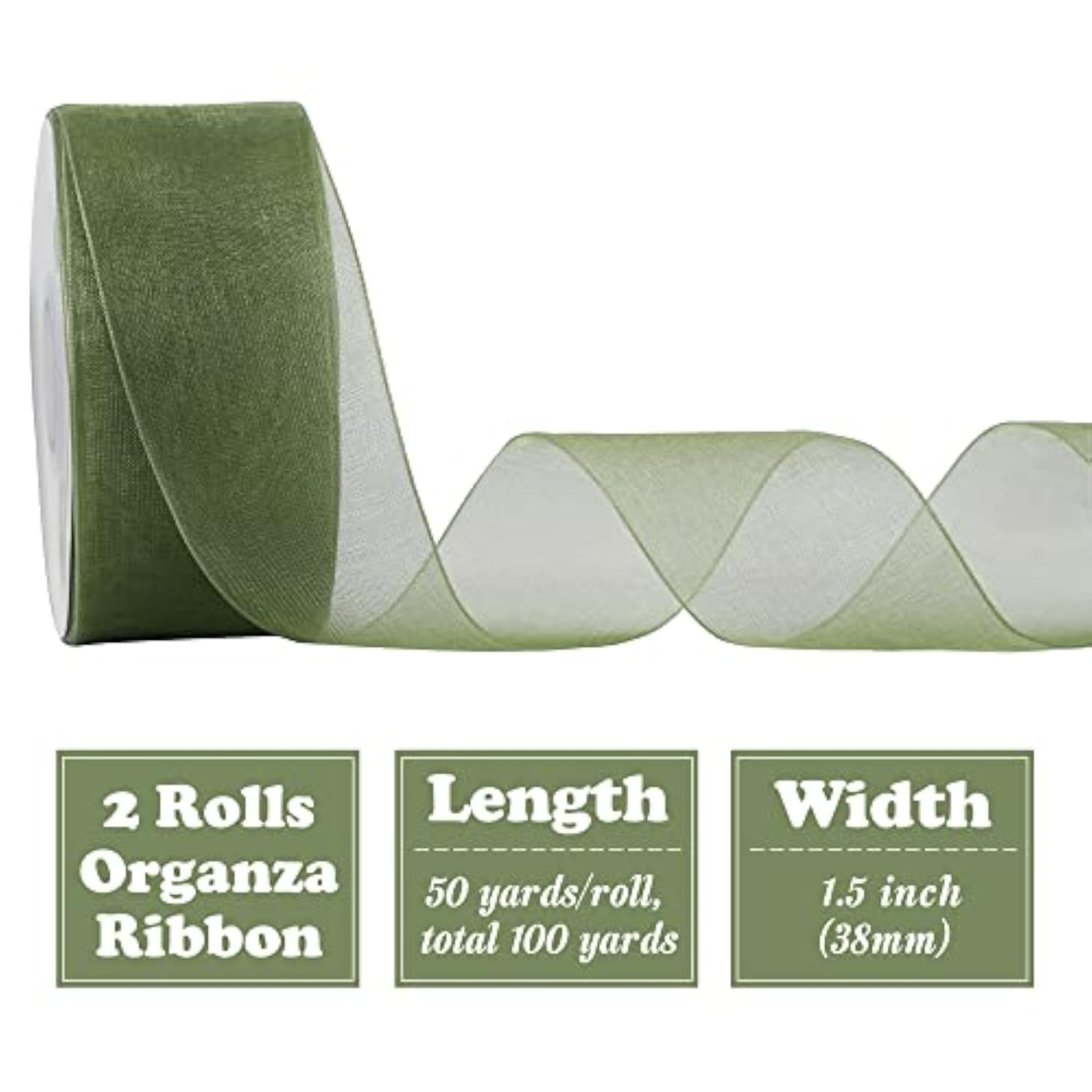 2 Rolls Shimmer Sheer Organza Ribbon 1-1/2 Inch Sage Green Chiffon Fab