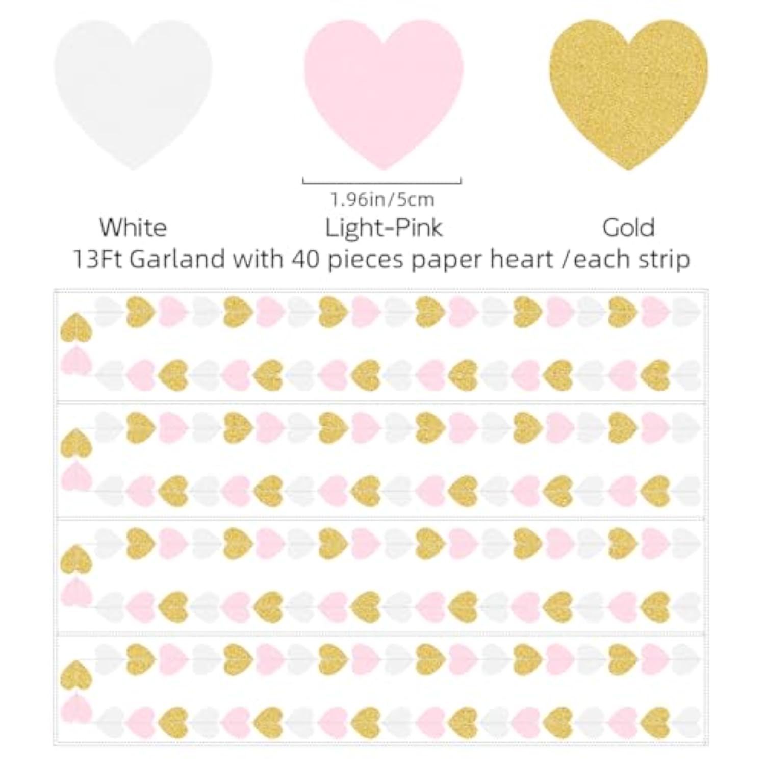 White Gold Pink Party-Decorations - 52Ft Paper Heart Streamers Garland Banner Women Birthday Bridal Shower Wedding Bachelorette Engagement Hanging Decor