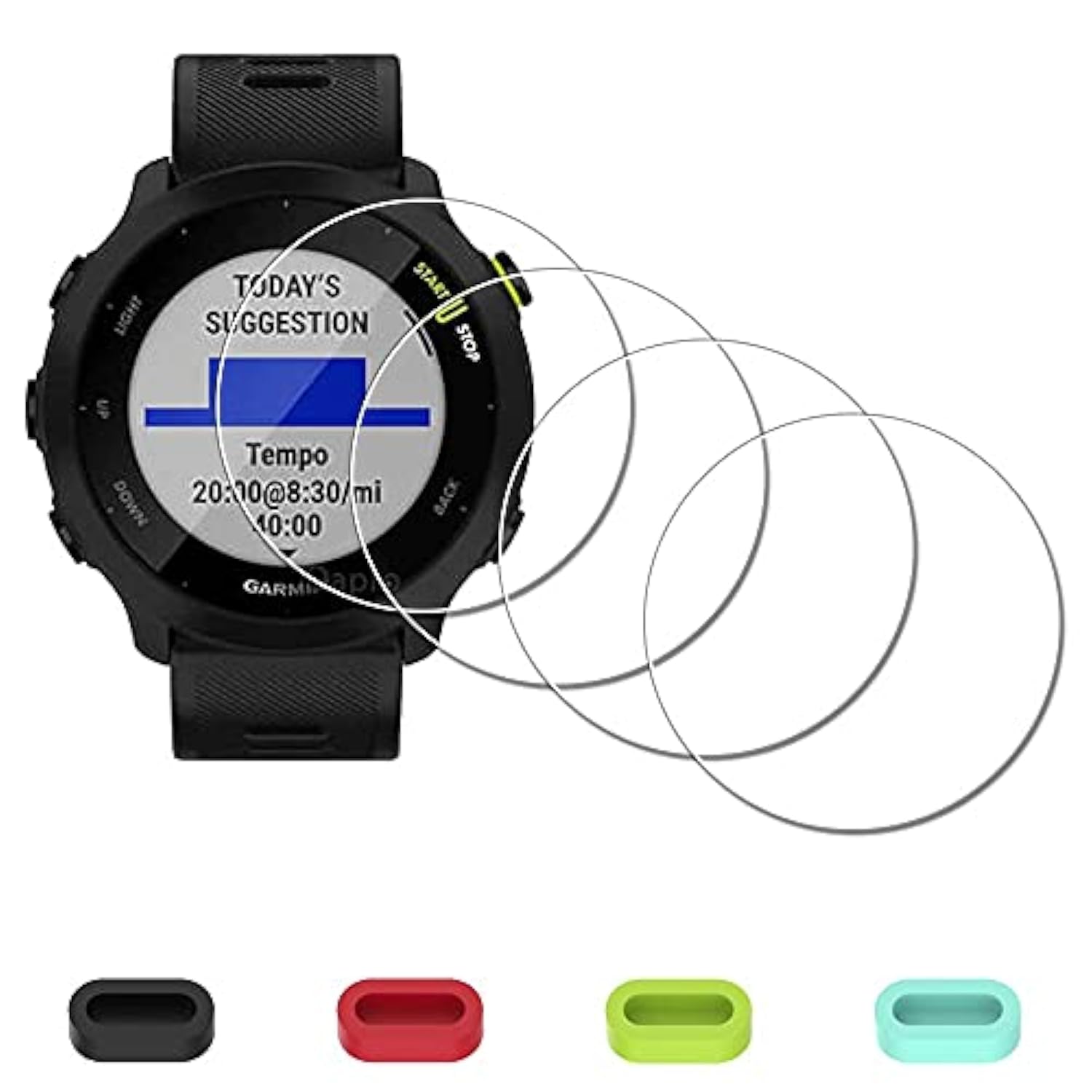 [4 Pack] Screen Protector For Garmin Forerunner 55 Smartwatch + Silicone Antidust Plugs Tempered Glass Antiscratch Bubblefree