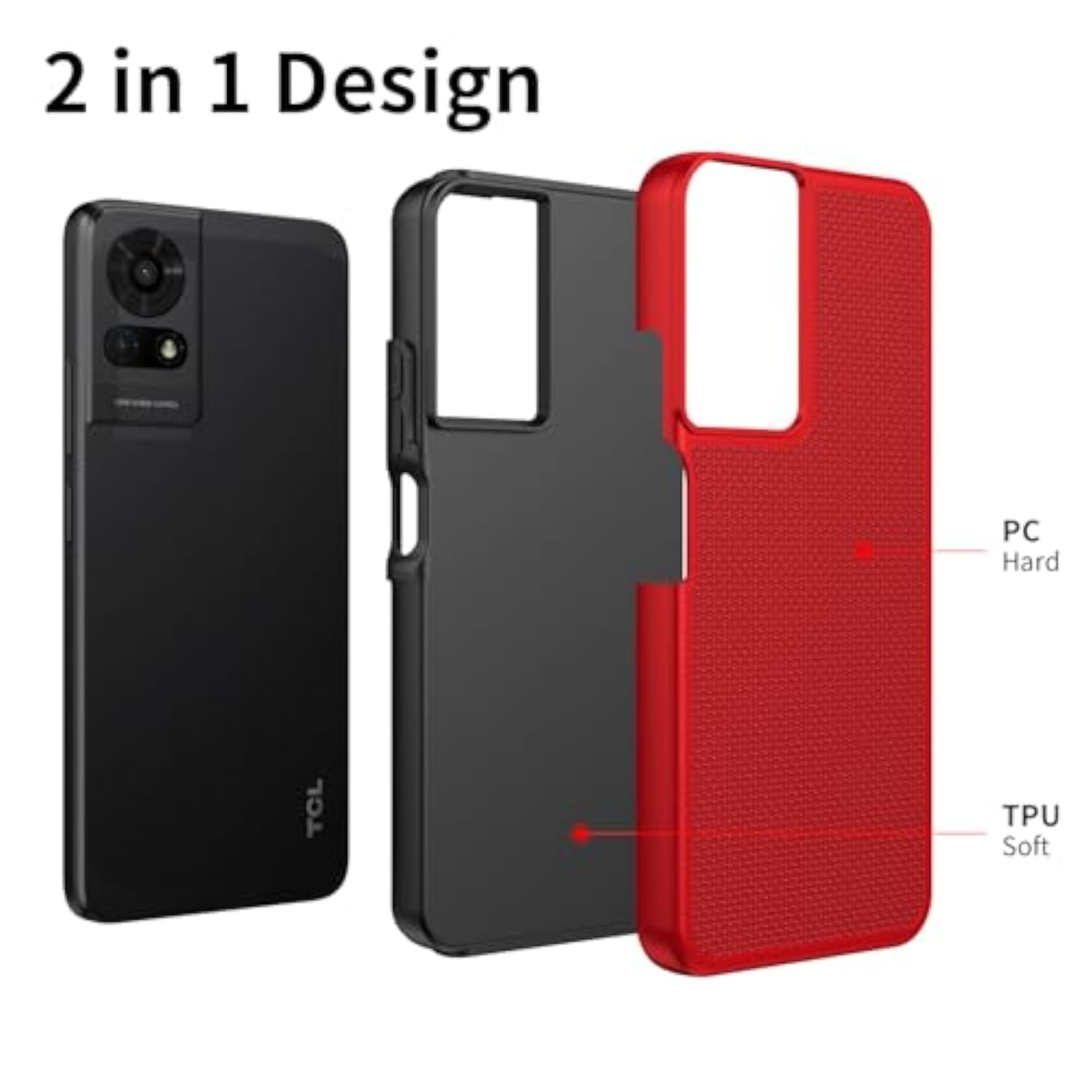 Tcl 50 Le/K23/K24 Case With Screen Protector, Dual Layer Heavy Duty Protection, Slim Fit, Red, Shockproof, Anti-Fingerprint, Anti-Yellowing