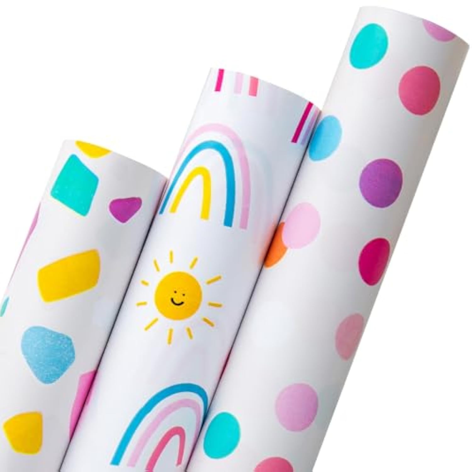 Gift Wrapping Paper - 3 Mini Rolls - Colorful Rainbow Sun Polka Dots Cute Birthday Wrapping Paper Roll For Holiday, Shower, Congrats - 17 Inch X 120 Inch Per Roll