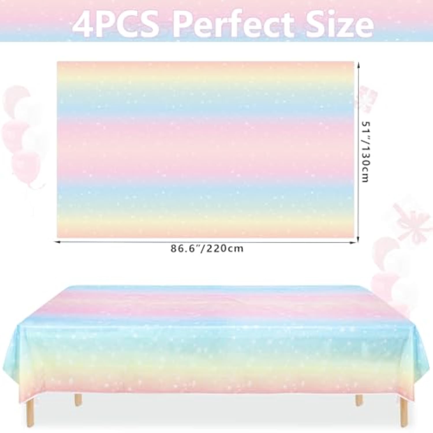4 Pack Pastel Rainbow Tablecloths, 51X87'' Plastic Disposable Rectangle Pastel Table Cover For Girls Rainbow Birthday Party Decorations Baby Shower Party Supplies