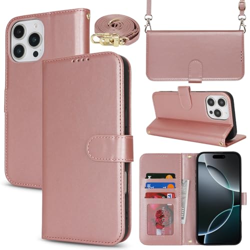 Phone Case for iPhone 16 Pro with Card Holder,Wallet Case for iPhone 16 Pro with Crossbody Shoulder Strap for Women,Anti-Lost Magnetic Cover