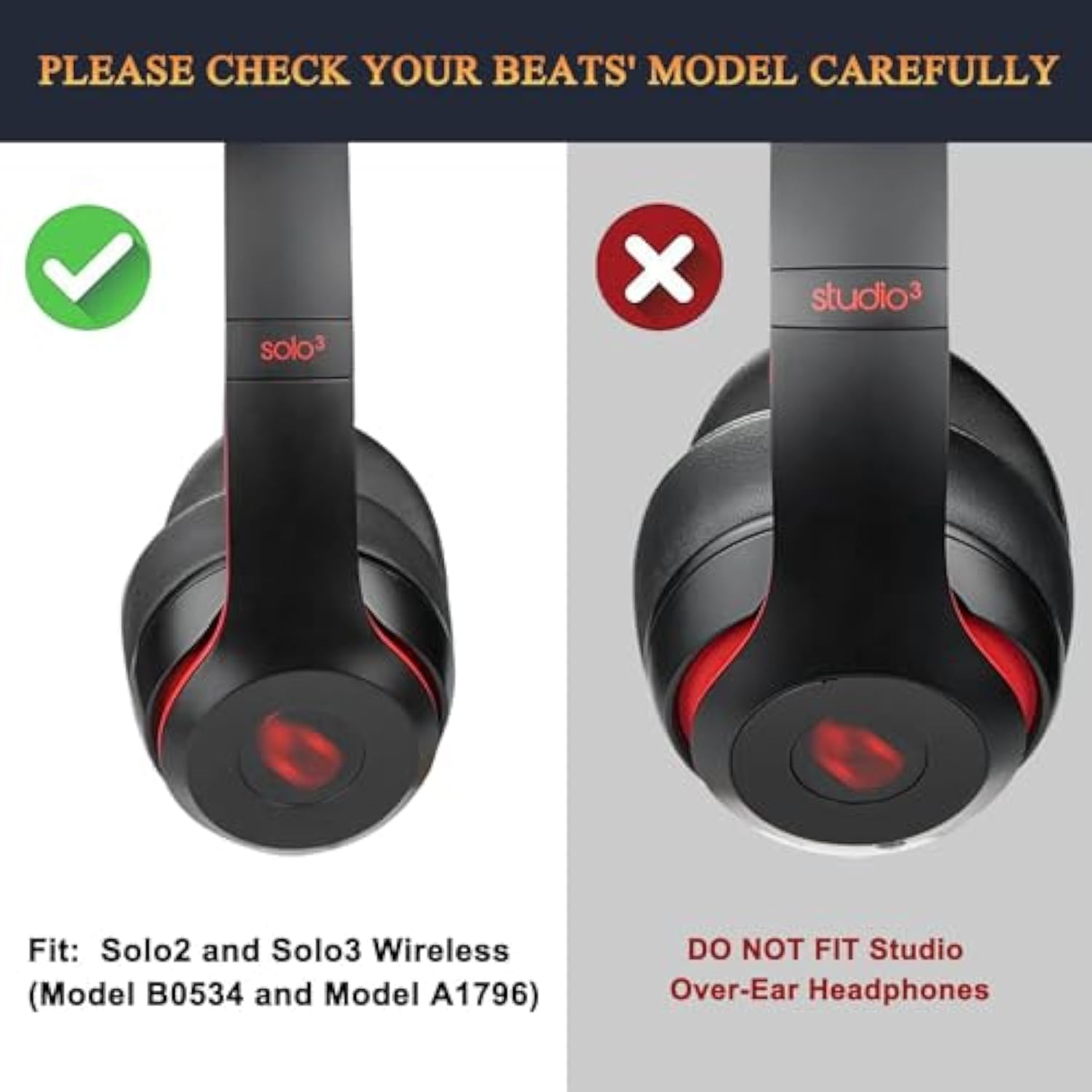 Lambskin Earpads Cushions Replacement For Beats Solo 2 & Solo 3 Wireless On-Ear Headphones, Solo2 Solo3 Ear Pads With High-Density Foam, Added Thickness - Red