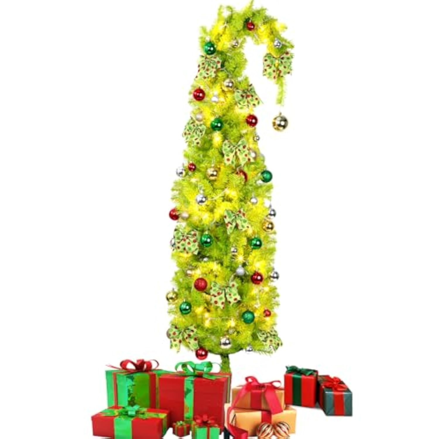 52Pcs 7.5 Ft Artificial Lighted Christmas Tree With Stand Bendable Christmas Tree With String Lights Ball Bow Whimsical Plastic Prelit Xmas Trees Holiday Party Decoration For Room Home Office Decor