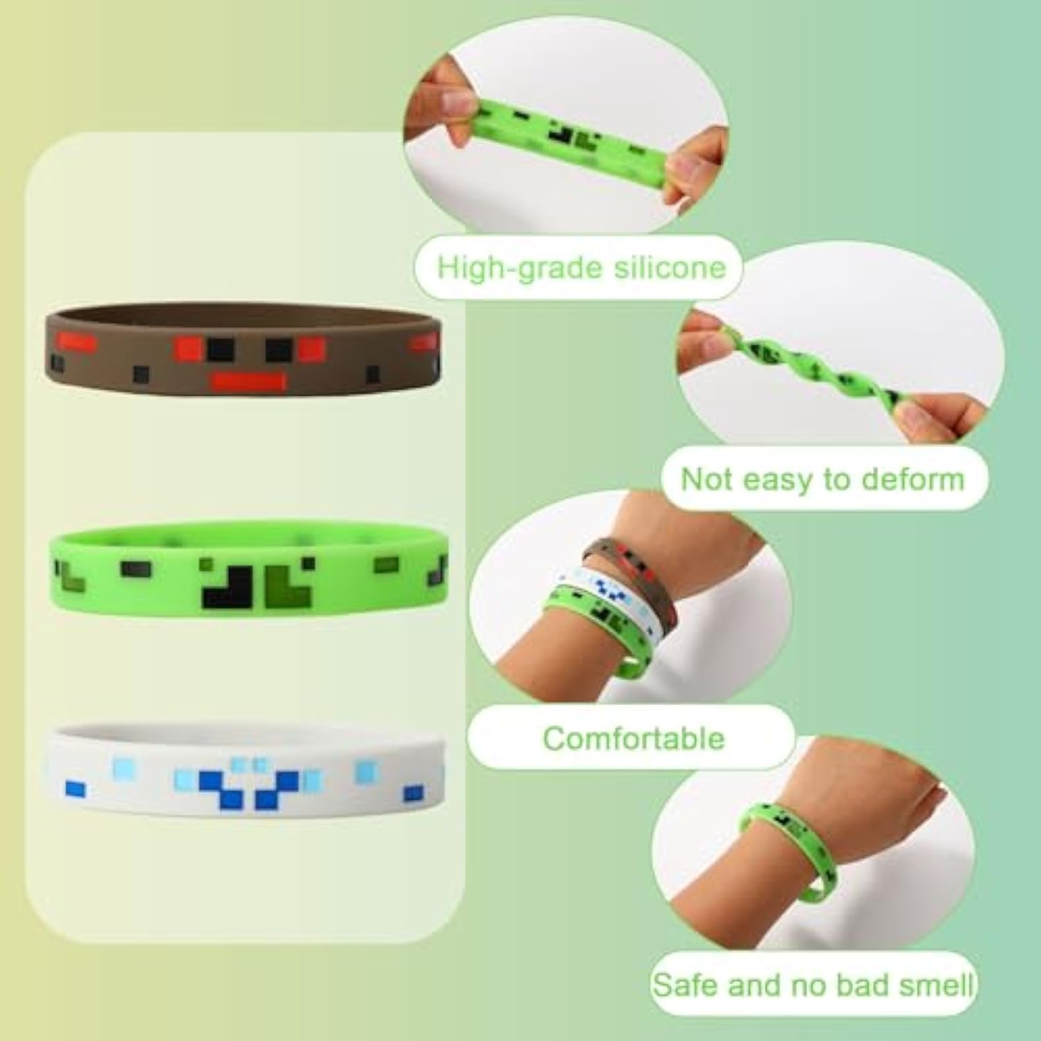 24Pcs Pixel Silicone Bracelets, 3 Styles Pixel Themed Birthday Party Favors Mining Wristbands For Kids Teens Game Party Decorations Goodie Bag Supplies