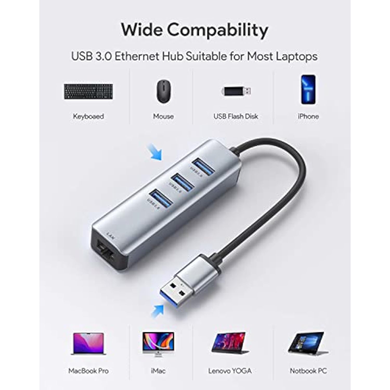 Usb 3.0 To Ethernet Adapter, 3-Port Usb 3.0 Hub With Rj45 10/100/1000 Gigabit
