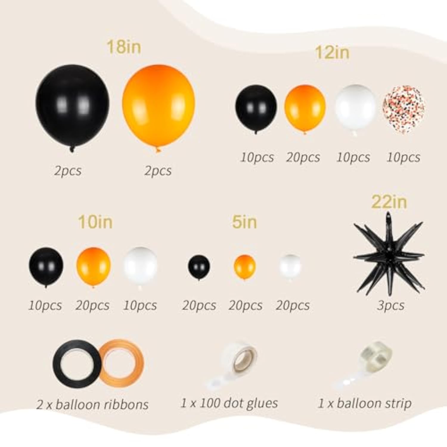 161Pcs Black, White & Orange Balloon Arch Kit with 3 Starburst Foils for Party Decor